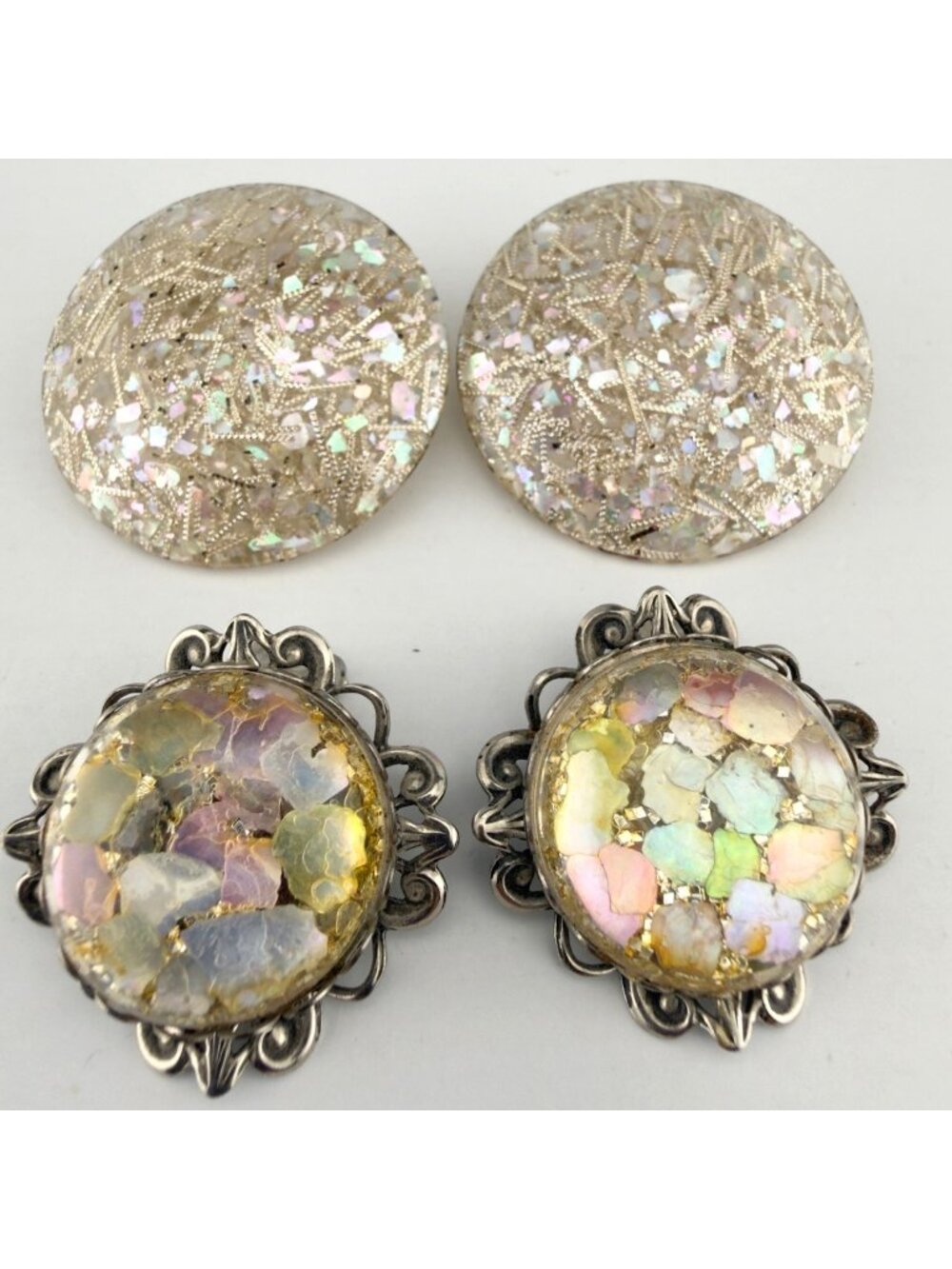Vintage Confetti Lucite Clip On Earrings Set of 2 Iridescent Glitter Retro